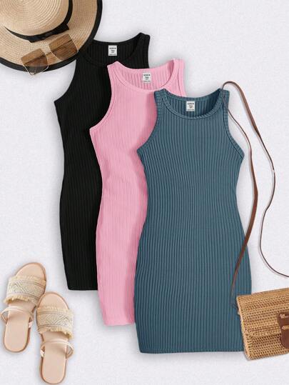 SHEIN 3pcs/Set Teen Girls' Solid Knitted Crew Neck Sleeveless Fitted Casual Dress Set, School, Campus, College