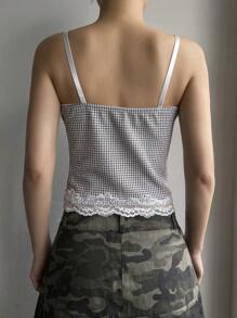 DAZY Lace Patchwork Plaid Cami Tank Top For Women Summer - Black and White - View 2
