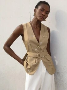 Aveloria Modichic Sophisticated Elegant High-End Commute Embroidered Vest With Matching Waist Belt, Mid-Length Suit Vest - Khaki - View 4