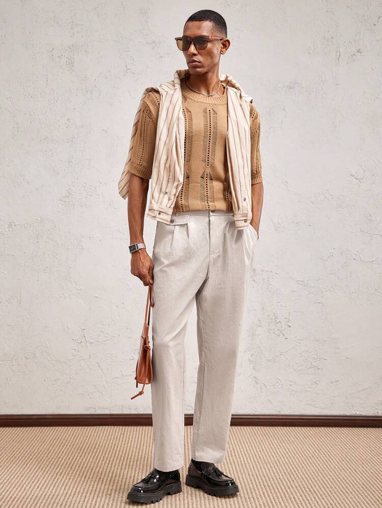 メンズ ベージュ 100%コットン ヘリンボーン織り ロング ミドルウエスト ストレートレッグ テーパード カジュアルパンツ、デイリーウェアやバケーション、卒業祝いにも適しています