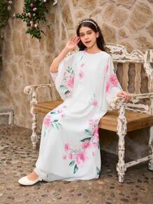 SHEIN 青春期前女孩米色优雅花卉印花雪纺连衣裙，简约而时尚 - 米色 - 查看 5