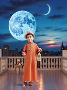 SHEIN 1 pieza Camisa casual de manga larga con cuello mao de lino en color marrón para niño, estilo caballero de corte holgado y elegante para uso diario y festividades