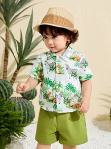 SHEIN 2pcs Set Baby Boy/Girl Casual Daily Cute Allover Print Coconut Tree & Animal Pattern Drop Shoulder Loose Fit Round Neck Top Shirt And Elastic Waist Shorts Set, Suitable For Spring/Summer, Home, Outing, Vacation, Beach