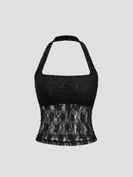 Sweetra Elegante y sexy top halter de encaje sólido Y2K para fiestas navideñas y de Año Nuevo