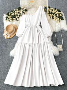 SHEIN LUNE Plus Size Woven Elegant Oblique Shoulder Off Shoulder Floral Ruched Dress - White - View 2