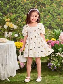 SHEIN Young Girl Gathered Puff Sleeve Fitted Woven Dress