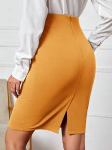 SHEIN Clasi Women Plain Color Pleated Slim Fit Mid-Length Skirt, Casual Vacation Wear