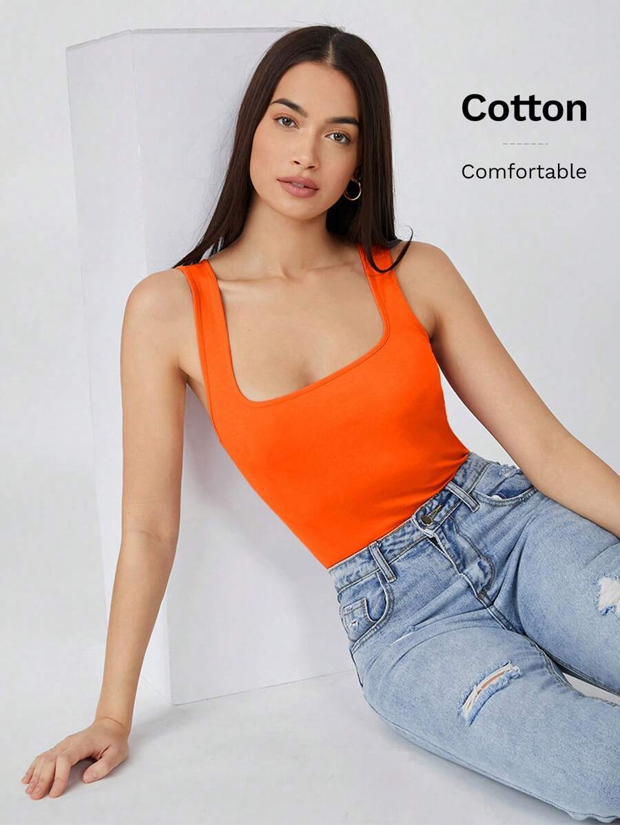 SHEIN BASICS 圆领纯色背心 简约时尚日常休闲 - 橘色 - 查看 1