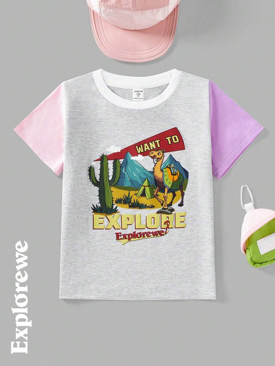 SHEIN Gray Short Sleeve Graphic Print T-Shirt For Young Girl, Fashion & Traceable Cotton - Grey - View 1
