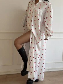 SHEIN Essnce Women's Valentine's Day Red Heart Print Full Heart Print Front Button Super Loose Long Dress,Shirt Dress,For Summer/Spring 2025 New