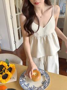 DAZY Women's Casual Solid Color Sling Top With Ruffle Trim,Women Two Piece Sets - Apricot - View 5