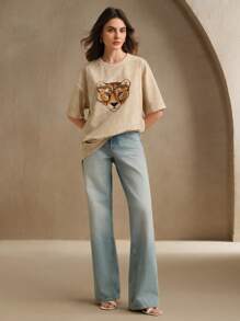 Anewsta Women's Modern Retro Sand-Washed Leopard Head Nail Diamond Round Neck Loose Short-Sleeved T-Shirt - Apricot - View 4