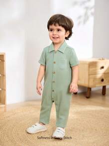 Cozy Pixies Baby Boy Simple Solid Knit Soft Casual Lapel Button-Front Long Sleeve Romper With Pants, Versatile For Summer