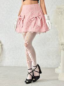 ROMWE Bow Decor Kawaii Floral Butterfly Textured Puff Skirt For Tea Party - Pink - View 3