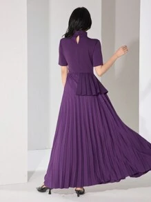Heiryn 女士优雅纯色立领百褶下摆连衣裙 - 紫色 - 查看 3