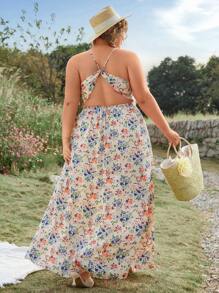 SHEIN VCAY Plus Size Boho Floral Print Slip Dress With Side Slit Hem, For Summer