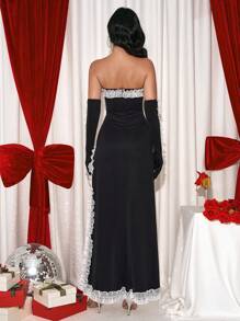 SHEIN Belle Women's Contrast Color Patchwork Strapless Elegant Split Hem Party Dress,Women's Spring And Summer Fashion Party Party Date Holiday Wedding Celebrity Dress, Fashionable Waist Wedding Guest Cocktail Dress