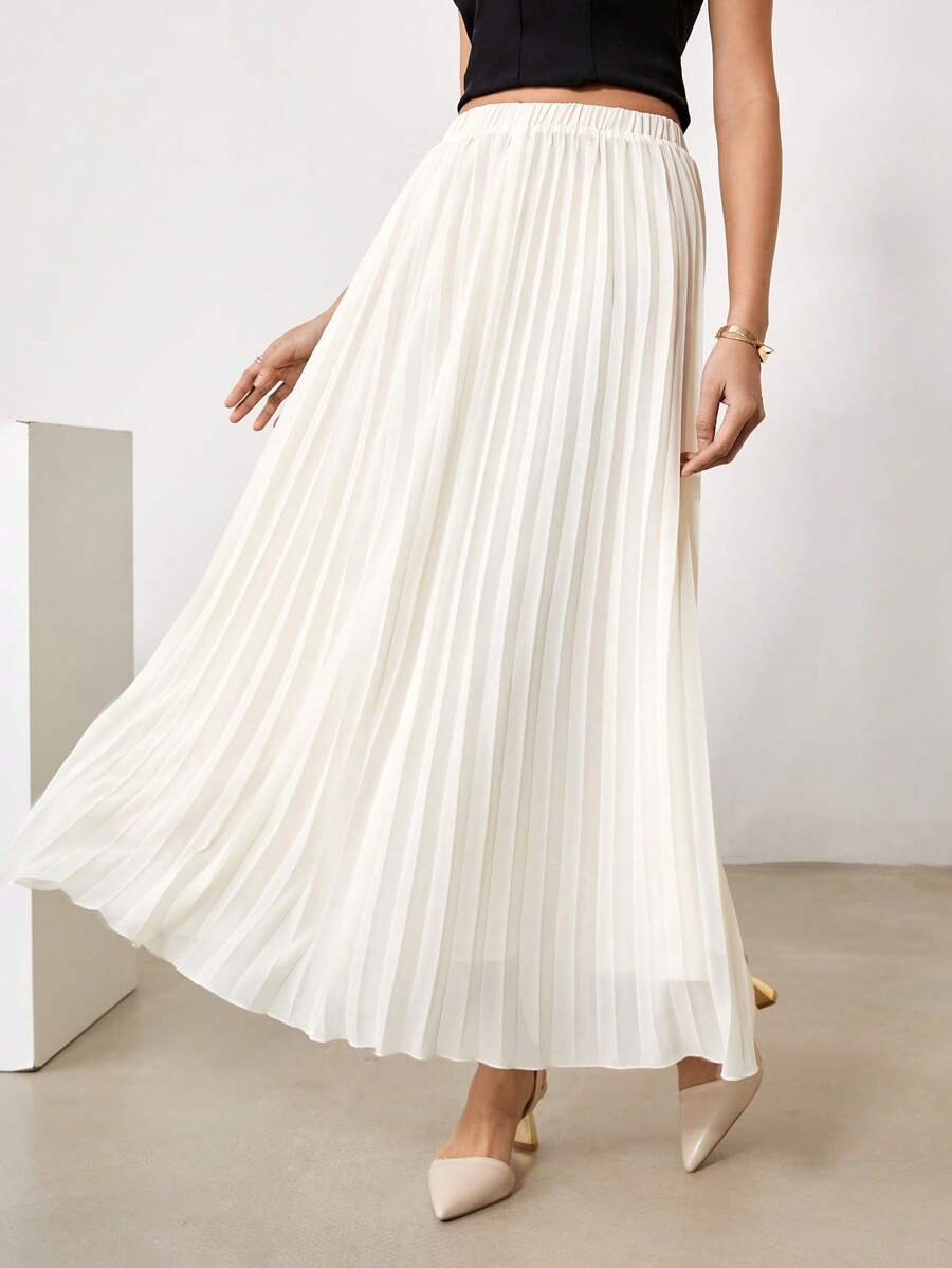 EastFlair Women's Chiffon Pleated Long Skirt, Suitable For Spring/Summer, Valentine's Day/White - Apricot - View 1