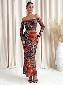 SHEIN Clasi Elegant Women's Leopard Print Flower Print Pleated See Through Mesh Knitted Top And Hip Hugging Straight Leg Skirt, Suitable For Wearing In Various Occasions