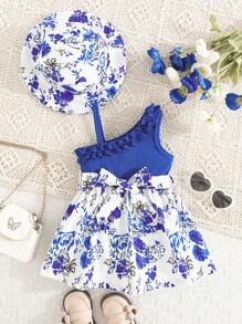 SHEIN Baby Girl Elegant Houndstooth Knit Sleeveless Ruffle Trim Dress With Hat, Cute Spring/Summer