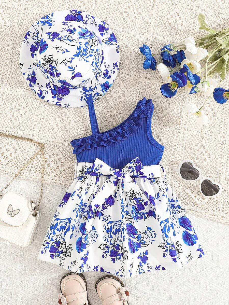 SHEIN Baby Girl Elegant Houndstooth Knit Sleeveless Ruffle Trim Dress With Hat, Cute Spring/Summer