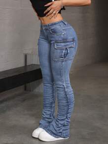 SHEIN ICON Quần Jeans Cargo Ôm Vừa Vặn Thường Ngày Cho Nữ - Màu xanh bụi bặm - Xem 4