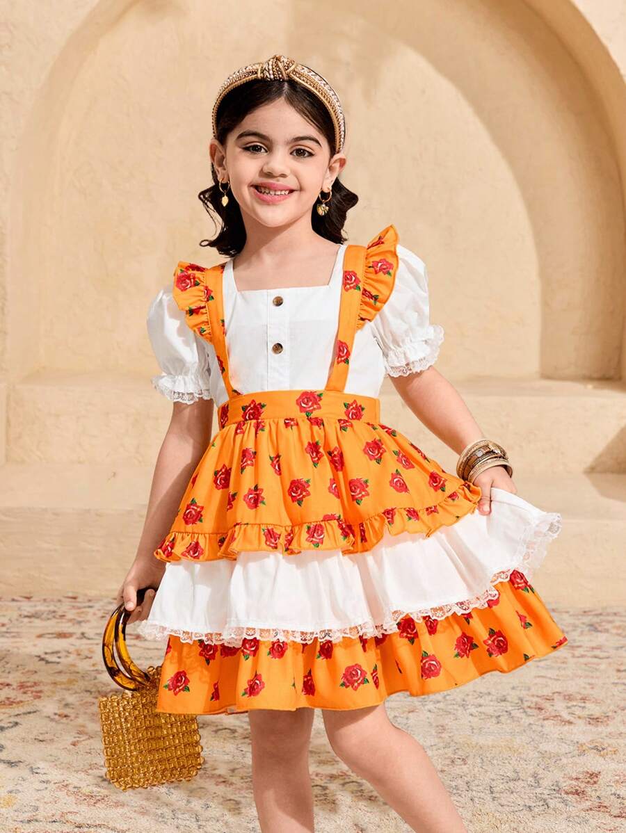 SHEIN Leap Crew Conjunto de 2 Peças: Top Branca com Manga Bufante para Meninas Jovens e Vestido Salopete com Estampa de Rosas Amarelas, Adequado para Férias, Uso Diário, Festa, Adorável Princesa