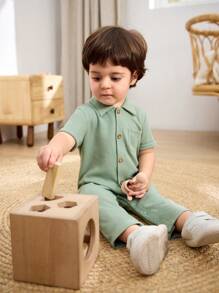 Cozy Pixies Baby Boy Simple Solid Knit Soft Casual Lapel Button-Front Long Sleeve Romper With Pants, Versatile For Summer