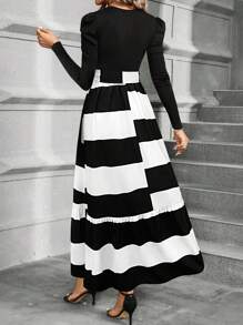 SHEIN PETITE Women Short Length Patchwork Floral Print Waisted Long Sleeve Dress, Autumn/Winter Maxi Women Outfit - Black and White - View 2