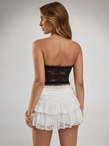 SHEIN BAE Black Lace Tube Top, Bow Decoration On The Hem, Front Center Straps With Adjustable Slim Fit Vacation Travel Crop Top, Music Festival Corset Top