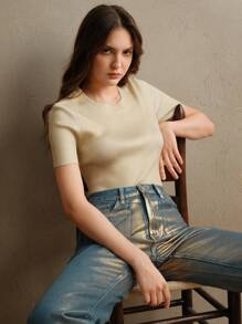 Anewsta Crew Neck Metallic Foil Short Sleeve Casual Knit Top, Suitable For Summer
