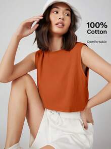 SHEIN BASICS 女士休闲无袖露脐上衣，简约纯色，适合夏季日常通勤 - 鏽棕色 - 查看 6