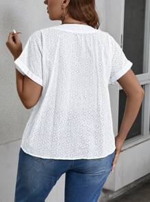 SHEIN LUNE Plus Size Women Embroidery Hollow V-Neck Casual Dolman Sleeve Blouse, Spring/Summer