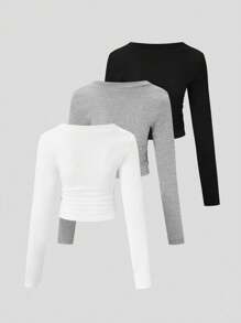 Flirla Women's Solid Color V-Neck Long Sleeve Three-Piece Set T-Shirt