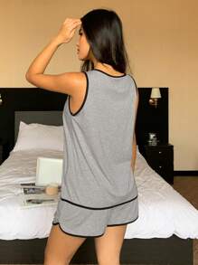 DAZY Set de pijama de 2 piezas para mujer con estampado gráfico y ribete de contraste de color sin mangas