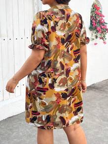 EMERY ROSE Plus Size Summer Holiday Casual All-Over Print Notch Neck Puff Sleeve Dress