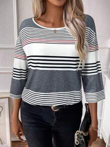 EMERY ROSE Women's Summer Casual Colorblock Striped Crew Neck 3/4 Sleeve T-Shirt Graphic Tees Women Tops Fall Cloth For Women