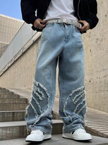 Manfinity EMRG Jeans casuales de pierna ancha con bolsillo remendado y deshilachado para hombres