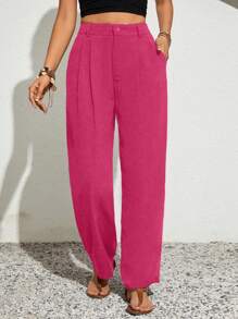 SHEIN VCAY Plus Size Women Plain Pocketed Pleated Wide Leg Casual Pants