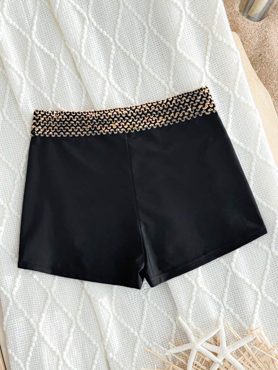 Swim Basics New Sexy High Waist Black Swimshorts For Women, Slim Fit, European & American Cross-Border Style, Beach Swimwear, For Summer Vacation - Black - View 1