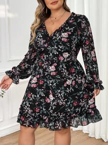 SHEIN CURVE+ Plus Size Women's Printed Ruffled Sleeve Pleated Dress Boho Vacation
