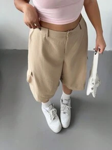 POPSWAY Plus Size Solid Color Casual Minimalist Versatile Sport Wide Loose Academic Flared Zipper Drawstring Cargo Pocket Shorts, Spring/Summer