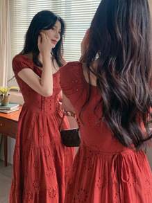 DAZY Women's Lace Puff Sleeve Waist Midi Dress Sundress - Red - View 7