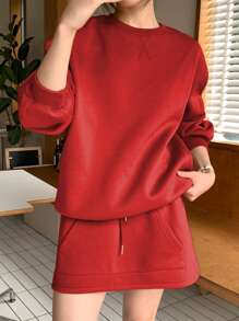 INAWLY Conjunto de 2 piezas para mujer: Top de cuello redondo de manga larga unicolor y falda