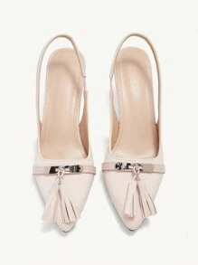 CUCCOO CHICEST Women's Pointed Toe Kitten Heel Mule Pumps With Metal Buckle Tassel Decor, Classic Apricot Color, Elegant And Charming Style For Work, Formal Occasions, Valentine's Day, And Romantic Dates Spring Break Easter Prom Heels