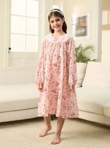 SHEIN Tween-Mädchen Süßes, locker gewebtes Nachthemd mit Rüschenbesatz und Bären-Print, passende Geschwister-Outfits (2 Teile separat erhältlich) - Verschiedenfarbig - Übersicht 3