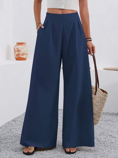 EMERY ROSE Solid Color Wide Leg Pants With Pockets, Casual Fall Cloth For Women