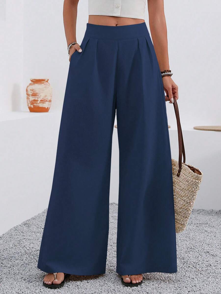 EMERY ROSE Solid Color Wide Leg Pants With Pockets, Casual Fall Cloth For Women - Royal Blue - View 1