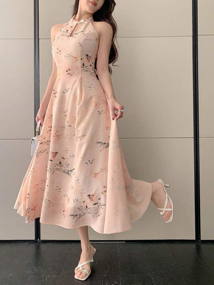 All-Over Floral Print Stand Collar Hang Neck Mid-Long Qipao Dress For Women Sundress
