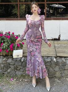 DAZY Rochie de damă cu mânecă lungă, guler cu inimă, cu imprimeu floral, lungime mijlocie, vară elegantă
